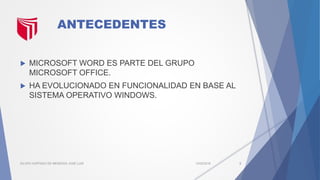 ANTECEDENTES
 MICROSOFT WORD ES PARTE DEL GRUPO
MICROSOFT OFFICE.
 HA EVOLUCIONADO EN FUNCIONALIDAD EN BASE AL
SISTEMA OPERATIVO WINDOWS.
13/02/2016SILUPU HURTADO DE MENDOZA JOSÉ LUIS 3
 