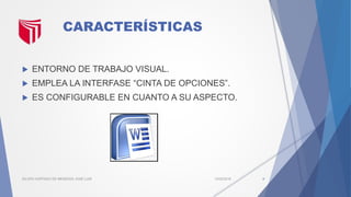 CARACTERÍSTICAS
 ENTORNO DE TRABAJO VISUAL.
 EMPLEA LA INTERFASE “CINTA DE OPCIONES”.
 ES CONFIGURABLE EN CUANTO A SU ASPECTO.
13/02/2016SILUPU HURTADO DE MENDOZA JOSÉ LUIS 4
 