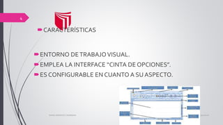CARACTERÍSTICAS
ENTORNO DETRABAJOVISUAL.
EMPLEA LA INTERFACE “CINTA DE OPCIONES”.
ES CONFIGURABLE EN CUANTO A SU ASPECTO.
13/02/2016DIANA ASENCIOS CASABONA
4
 