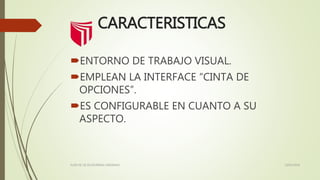 CARACTERISTICAS
ENTORNO DE TRABAJO VISUAL.
EMPLEAN LA INTERFACE “CINTA DE
OPCIONES”.
ES CONFIGURABLE EN CUANTO A SU
ASPECTO.
13/02/2016FLOR DE LIZ ECHEVERRIA CARDENAS
 