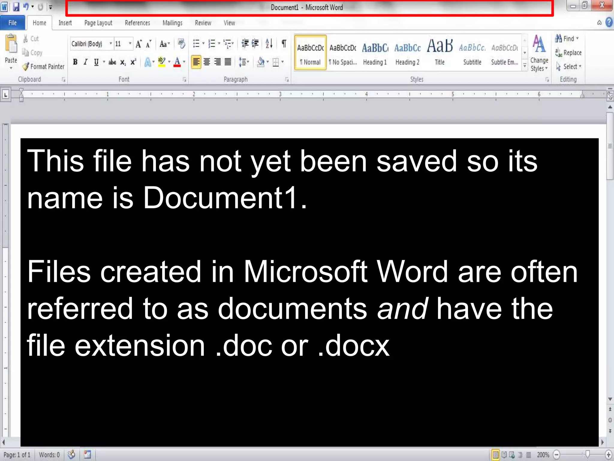 This file has not yet been saved so its
name is Document1.
Files created in Microsoft Word are often
referred to as documents and have the
file extension .doc or .docx
 