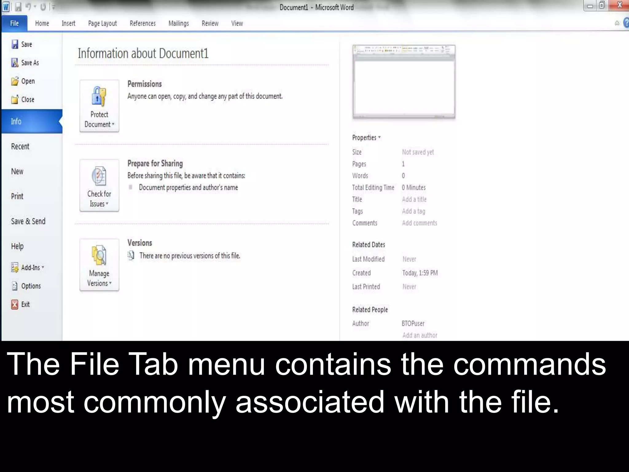 The File Tab menu contains the commands
most commonly associated with the file.
 