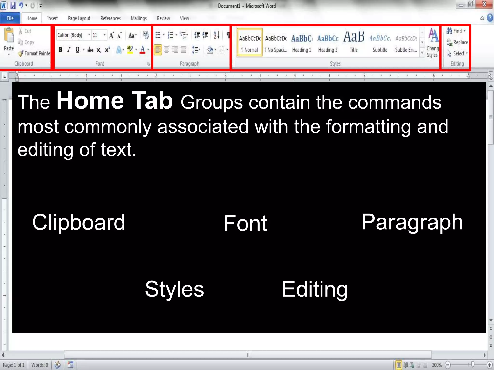The Home Tab Groups contain the commands
most commonly associated with the formatting and
editing of text.
Clipboard Font Paragraph
Styles Editing
 