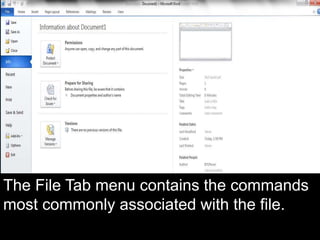 The File Tab menu contains the commands
most commonly associated with the file.
 