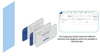 The image given below shows the different
elements and categories which are available in
MS Word doc:
 