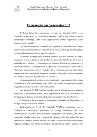 Escola Superior de Educação Paula Frassinetti
Desenvolvimento do Raciocínio Lógico - Matemático
- 12 -
Comparação dos documentos 1 e 2
Ao longo destes dois documentos, ou seja, nos Standards NCTM e nas
Competências Essenciais da Matemática, podemos verificar que existem algumas
semelhanças e diferenças, tanto a nível organizacional, estética organização visual,
linguagem, e de conteúdo.
Uma das diferenças das Competências Essenciais da Matemática em Portugal
mais relevantes, relativamente aos Standards do NCTM, é o facto que em Portugal não
existir um plano de competências para o Pré-escolar.
Em termos de organização podemos constatar que nos Standards NCTM, a
organização é mais específica, está dividida em graus (Pré K2; K3-5; K6-8, etc.) e
subdividos em 3 tópicos (1- Compreender os números, forma de os representar e o
sistema de números. 2- Compreender o significado das operações e como estas se
relacionam, umas com as outras. 3- Calcular e fazer estimativas razoáveis). Em relação
à organização das competências essenciais, segundo o ministério, é menos organizada.
Está dividido apenas por graus (1º ciclo e 2º ciclo etc.).
Comparativamente à estética, ou seja organização visual, podemos observar que
os Standards NCTM estão dispostos numa tabela o que facilita a compreensão enquanto
o segundo documento encontra-se em texto corrido.
Nos Standards NCTM, podemos constatar que se defende uma aprendizagem
progressiva, o que também acontece nas Competências Essenciais da Matemática em
Portugal, apesar de neste existir uma ideia menos específica e clara dos objectivos.
A linguagem do documento, Competências Essenciais da Matemática em
Portugal, está pouco acessível ao leitor.
Relativamente ao K 35 dos Standards NCTM e comparando com as
Competências Essenciais da Matemática em Portugal, concluímos que existe
semelhanças nos objectivos, nomeadamente na compreensão de números, forma de os
representar, relação entres eles e sistema de números, visto que ambos têm que
representar e comparar números inteiros e decimais. Ambos mencionam desenvolver e
empregar estratégias para estimar os resultados dos cálculos de números e aptidão para
 