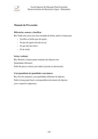 Escola Superior de Educação Paula Frassinetti
Desenvolvimento do Raciocínio Lógico - Matemático
- 20 -
Manuais do Pré-escolar:
Diferenciar, nomear e classificar
Ex: Tendo uma caixa com uma variedade de botões, pedir à criança para:
- Escolher os botões que são iguais;
- Os que são iguais mas não na cor;
- Os que têm dois furos;
- Os de metal;
Seriar e ordenar
Ex.: Mostrar à criança quatro conjuntos de objectos com
Quantidades diferentes:
Pedir-lhe para os colocar, por ordem crescente ou decrescente;
Correspondência de quantidade a um número
Ex.: Em três conjuntos, com quantidades diferentes de objectos:
Pedir à criança para fazer a correspondência do número de objectos
com o respectivo algarismo;
 
