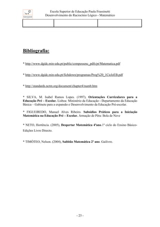 Escola Superior de Educação Paula Frassinetti
Desenvolvimento do Raciocínio Lógico - Matemático
- 23 -
Bibliografia:
* http://www.dgidc.min-edu.pt/public/compessenc_pdfs/pt/Matematica.pdf
* http://www.dgidc.min-edu.pt/fichdown/programas/Prog%20_1CicloEB.pdf
* http://standards.nctm.org/document/chapter4/numb.htm
* SILVA, M. Isabel Ramos Lopes. (1997), Orientações Curriculares para a
Educação Pré – Escolar. Lisboa: Ministério da Educação - Departamento da Educação
Básica – Gabinete para a expansão e Desenvolvimento da Educação Pré-escolar.
* FIGUEIREDO, Manuel Alves Ribeiro. Subsídios Práticos para a Iniciação
Matemática na Educação Pré – Escolar. Armação de Pêra: Bola de Neve
* NETO, Hortência. (2005), Despertar Matemática 4ºano.1º ciclo do Ensino Básico-
Edições Livro Directo.
* TIMÓTEO, Nelson. (2004), Saltitão Matemática 2º ano. Gailivro.
 