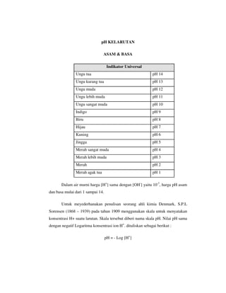 pH KELARUTAN

                                 ASAM & BASA

                                    Indikator Universal
                Ungu tua                                     pH 14
                Ungu kurang tua                              pH 13
                Ungu muda                                    pH 12
                Ungu lebih muda                              pH 11
                Ungu sangat muda                             pH 10
                Indigo                                       pH 9
                Biru                                         pH 8
                Hijau                                        pH 7
                Kuning                                       pH 6
                Jingga                                       pH 5
                Merah sangat muda                            pH 4
                Merah lebih muda                             pH 3
                Merah                                        pH 2
                Merah agak tua                               pH 1

       Dalam air murni harga [H+] sama dengan [OH-] yaitu 10-7, harga pH asam
dan basa mulai dari 1 sampai 14.

       Untuk meyederhanakan penulisan seorang ahli kimia Denmark, S.P.L
Sorensen (1868 – 1939) pada tahun 1909 menggunakan skala untuk menyatakan
konsentrasi H+ suatu larutan. Skala tersebut diberi nama skala pH. Nilai pH sama
dengan negatif Logaritma konsentrasi ion H+. dituliskan sebagai berikut :

                                   pH = - Log [H+]
 