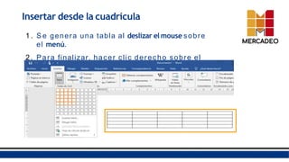 Insertar desde la cuadrícula
1 . S e genera una tabla al deslizar el mouse sobre
el menú.
2. Para finalizar, hacer clic derecho sobre el
mismo menú.
 