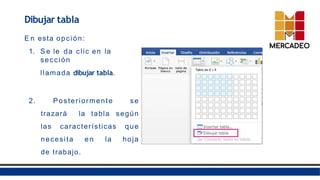 Dibujar tabla
E n esta opción:
1. S e le da clic en la
sección
llamada dibujar tabla.
2. Posteriormente se
trazará la tabla según
las características que
necesita en la hoja
de trabajo.
 