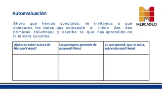 Autoevaluación
Ahora que hemos concluido, te invitamos a que
compares los datos que colocaste al inicio (las dos
primeras columnas) y escribe lo que has aprendido en
la tercera columna.
¿Quécreo saber acerca de
Microsoft Word?
Lo que espero aprender de
Microsoft Word
Lo que aprendí,que no sabía,
sobre Microsoft Word
 