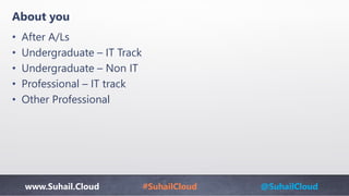 www.Suhail.Cloud #SuhailCloud @SuhailCloud
About you
• After A/Ls
• Undergraduate – IT Track
• Undergraduate – Non IT
• Professional – IT track
• Other Professional
 