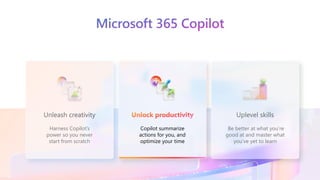 Microsoft 365 Copilot
Unleash creativity
Harness Copilot’s
power so you never
start from scratch
Copilot summarize
actions for you, and
optimize your time
Unlock productivity
Be better at what you’re
good at and master what
you’ve yet to learn
Uplevel skills
 