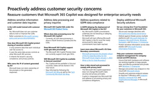 Address sensitive information
and customer data inquiries
Is the LLM model trained with customer
data?
 No, Microsoft does not use customer
data to train or improve the LLMs.
 Refer customers to Microsoft’s privacy
policy and service documentation.
How does Microsoft 365 Copilot protect
sharing of sensitive content?
 It only presents data that each individual
user has access to.
 It uses the same data access controls as
other Microsoft 365 services.
 It inherits the tenant’s security,
compliance, and privacy policies.
Who owns the IP of content generated
by AI?
 Microsoft does not claim ownership of
the prompts or the generated
responses.
Address data processing and
privacy inquiries
Microsoft 365 Copilot falls under the
Microsoft 365 Product Terms.
Where does data processing occur for
Microsoft 365 Copilot?
 Currently, all LLM data processing is
done in North America (Canada and the
USA).
Does Microsoft 365 Copilot support
multi-geo data processing?
 The Microsoft 365 Copilot Preview does
not currently support multi-geo SKUs.
Will Microsoft 365 Copilot be available
in GoLocal countries?
 Yes, Copilot will be available in GoLocal
countries. Dates will be shared in the
near future.
 Stay informed by following the
Microsoft 365 Blog as well as the Tech
Community Microsoft 365 Blog.
Address questions related to
GDPR data compliance
Is GDPR delaying the deployment of
Microsoft 365 Copilot in the EU?
 No, Microsoft’s GDPR commitments
underway are not blocking or delaying
EU deployment.
 Microsoft will start offering Microsoft
365 Copilot in the EU once the newly
announced EU data region
commitments have been reached.
Learn more about Microsoft’s EU Data
Boundary commitment:
 Microsoft announces the phased rollout
of the EU Data Boundary for the
Microsoft Cloud, begins January 1, 2023
 What is the EU Data Boundary?
How is data stored and processed to
comply with privacy laws?
 The Microsoft 365 Copilot experience
does not change Microsoft’s data
security and privacy principles.
 Copilot is integrated into Microsoft 365
and adheres to all existing privacy and
compliance obligations.
Deploy additional Microsoft
Security solutions
Set up a strong Zero Trust foundation
for your customers in Microsoft 365:
 Secure and manage identities with
Microsoft Entra Identity Governance.
 Defend against threats across multiple
platforms with Microsoft Defender for
Endpoint, Microsoft Intune, Windows
Autopatch, and Windows 11 Enterprise.
 Protect sensitive information across data
estates with Microsoft Purview
Information Protection.
Help your customers streamline
endpoint management for company-
owned and BYO devices:
 Ensure that both hardware and software
are working together to keep people,
data, and devices protected and private
with Windows 11 Enterprise.
 Manage and protect any endpoint in the
cloud with Microsoft Intune.
 Simplify and optimize endpoint estates
to improve IT efficiency with Endpoint
Analytics, Universal Print, and
Organizational Messages in Microsoft
Intune.
Proactively address customer security concerns
Reassure customers that Microsoft 365 Copilot was designed for enterprise security needs
 