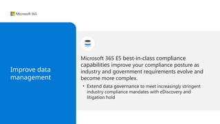 Improve data
management
Microsoft 365 E5 best-in-class compliance
capabilities improve your compliance posture as
industry and government requirements evolve and
become more complex.
• Extend data governance to meet increasingly stringent
industry compliance mandates with eDiscovery and
litigation hold
 