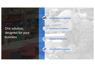 One	
  solution,	
  
designed	
  for	
  your	
  
business
Achieve	
  more	
  together
Always-­‐on	
  security
Anywhere	
  it	
  matters
Simplified	
  for	
  business
 