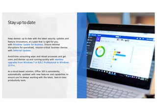 Stay	
  up	
  to	
  date
Keep	
  devices	
   up	
  to	
  date	
   with	
  the	
  latest	
   security	
   updates	
  and	
  
feature	
   innovations,	
  at	
  a	
  pace	
  that	
   is	
  right	
  for	
  you,	
  
with	
  Windows	
  Update	
   for	
  Business.	
   Ensure	
  minimal	
  
disruptions	
  for	
  specialized,	
   mission-­‐critical	
   business	
  devices	
  
with	
  Deferred	
   Updates.	
  
Avoid	
  time	
   consuming	
  wipe	
   and	
  reload	
  processes	
   and	
  get	
  
users	
  and	
  devices	
   up	
  and	
  running	
  quickly	
  with	
  seamless	
  
upgrades	
  from	
  Windows	
  7	
  or	
  8/8.1	
  Professional	
  to	
  Windows	
  
10	
  Pro.	
  
As	
  a	
  cloud-­‐based	
   solution,	
  Office	
   365	
  is	
  consistently,	
  
automatically	
   updated	
   with	
  new	
  features	
   and	
  capabilities	
   to	
  
ensure	
  you’re	
  always	
   working	
  with	
  the	
  latest,	
   best-­‐in-­‐class	
  
productivity	
  tools.	
  
 