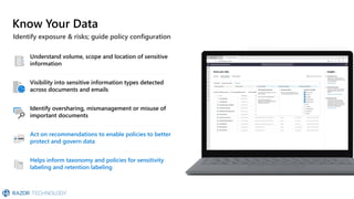 Know Your Data
Identify oversharing, mismanagement or misuse of
important documents
Understand volume, scope and location of sensitive
information
Visibility into sensitive information types detected
across documents and emails
Identify exposure & risks; guide policy configuration
Act on recommendations to enable policies to better
protect and govern data
Helps inform taxonomy and policies for sensitivity
labeling and retention labeling
 