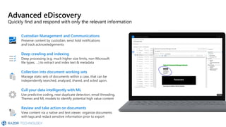 Collection into document working sets
Manage static sets of documents within a case, that can be
independently searched, analyzed, shared, and acted upon.
Advanced eDiscovery
Quickly find and respond with only the relevant information
Custodian Management and Communications
Preserve content by custodian, send hold notifications
and track acknowledgements
Deep crawling and indexing
Deep processing (e.g. much higher size limits, non-Microsoft
file types, …) to extract and index text & metadata
Cull your data intelligently with ML
Use predictive coding, near duplicate detection, email threading,
Themes and ML models to identify potential high value content
Review and take action on documents
View content via a native and text viewer, organize documents
with tags and redact sensitive information prior to export
 