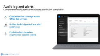 Audit log and alerts
Comprehensive long-term audit supports continuous compliance
Establish alerts based on
organization specific criteria
Comprehensive coverage across
Office 365 services
Unified Audit log search and alert
experience
 