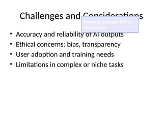 Challenges and Considerations
• Accuracy and reliability of AI outputs
• Ethical concerns: bias, transparency
• User adoption and training needs
• Limitations in complex or niche tasks
Warning Icon and Ethics
Illustration
 