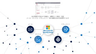 Microsoft365
SecurityCenter
AIが脅威の対処まで自動化、相関をとり検知・対処
メール・デバイス・ドキュメント・IDの侵害をAIが24時間守ります
 