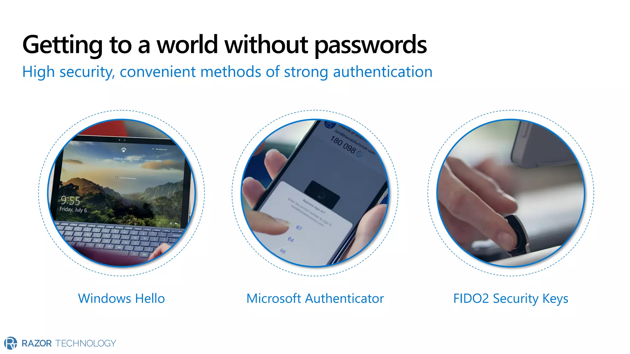 Getting to a world without passwords
High security, convenient methods of strong authentication
Windows Hello Microsoft Authenticator FIDO2 Security Keys
 