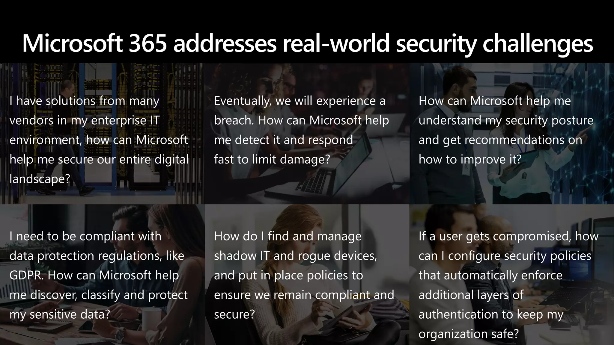 I need to be compliant with
data protection regulations, like
GDPR. How can Microsoft help
me discover, classify and protect
my sensitive data?
How do I find and manage
shadow IT and rogue devices,
and put in place policies to
ensure we remain compliant and
secure?
If a user gets compromised, how
can I configure security policies
that automatically enforce
additional layers of
authentication to keep my
organization safe?
Microsoft 365 addresses real-world security challenges
I have solutions from many
vendors in my enterprise IT
environment, how can Microsoft
help me secure our entire digital
landscape?
Eventually, we will experience a
breach. How can Microsoft help
me detect it and respond
fast to limit damage?
How can Microsoft help me
understand my security posture
and get recommendations on
how to improve it?
 