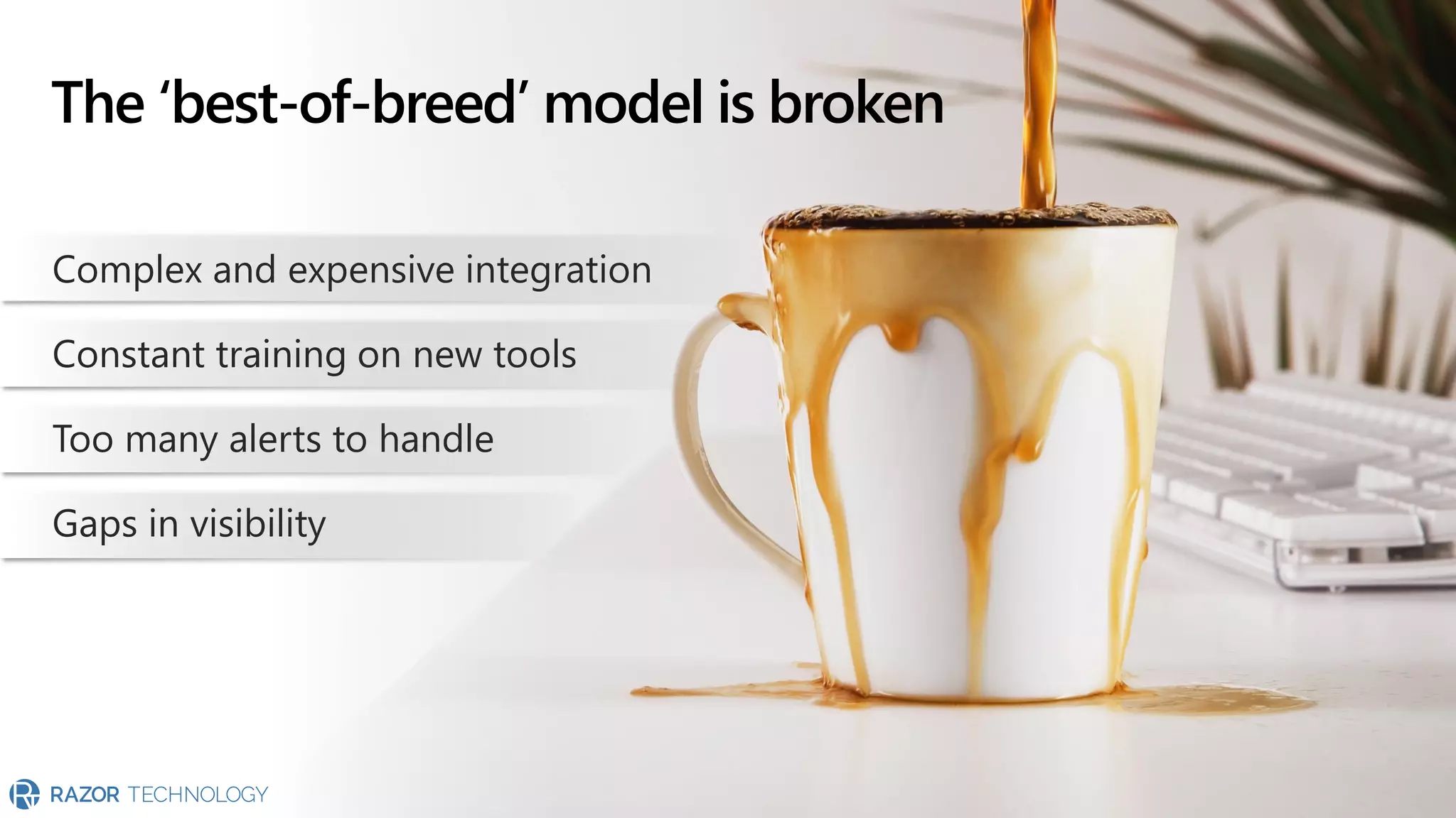 Complex and expensive integration
Constant training on new tools
Too many alerts to handle
Gaps in visibility
The ‘best-of-breed’ model is broken
 