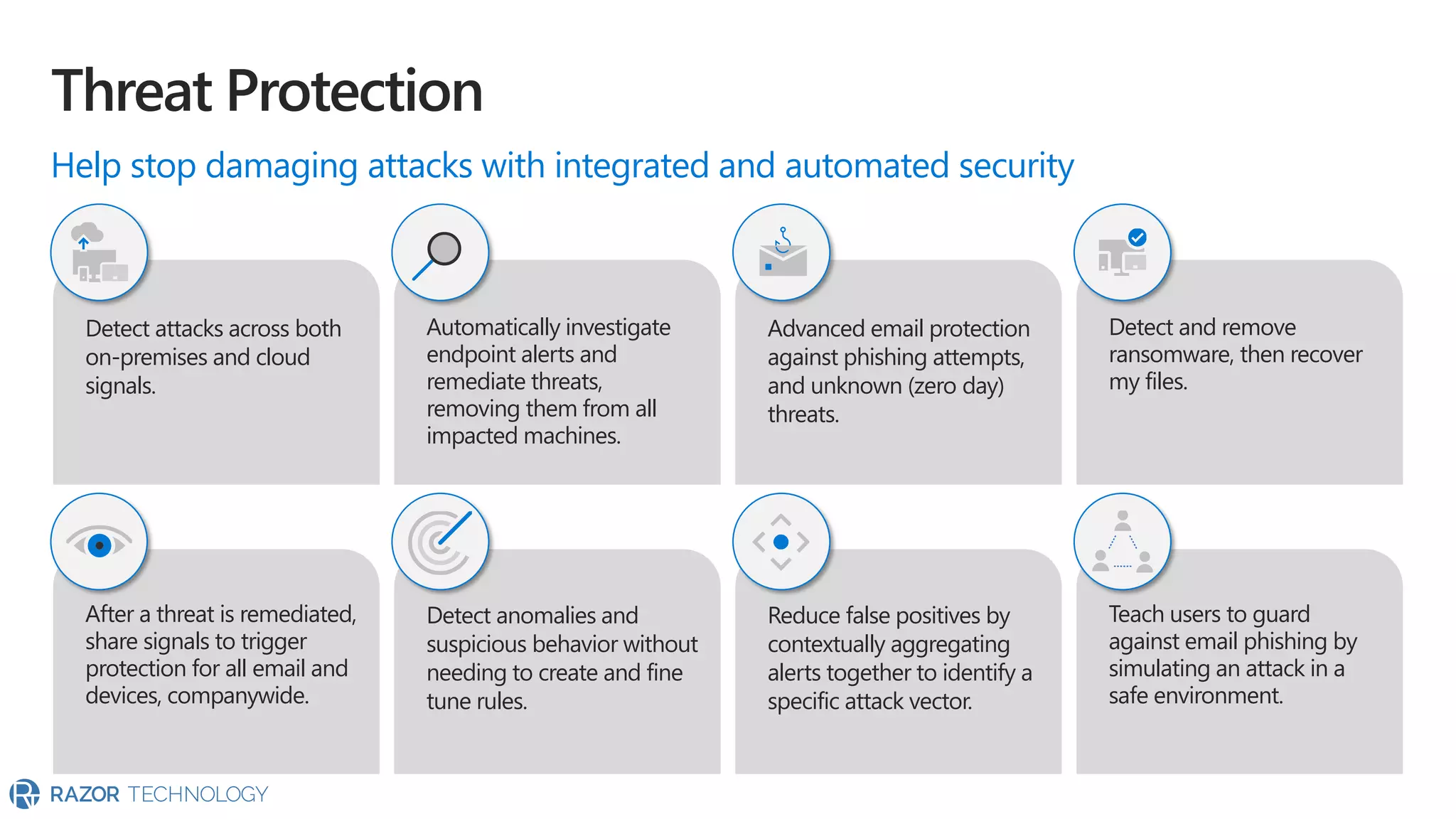 Teach users to guard
against email phishing by
simulating an attack in a
safe environment.
Reduce false positives by
contextually aggregating
alerts together to identify a
specific attack vector.
Detect anomalies and
suspicious behavior without
needing to create and fine
tune rules.
After a threat is remediated,
share signals to trigger
protection for all email and
devices, companywide.
Detect and remove
ransomware, then recover
my files.
Advanced email protection
against phishing attempts,
and unknown (zero day)
threats.
Automatically investigate
endpoint alerts and
remediate threats,
removing them from all
impacted machines.
Detect attacks across both
on-premises and cloud
signals.
Help stop damaging attacks with integrated and automated security
Threat Protection
 