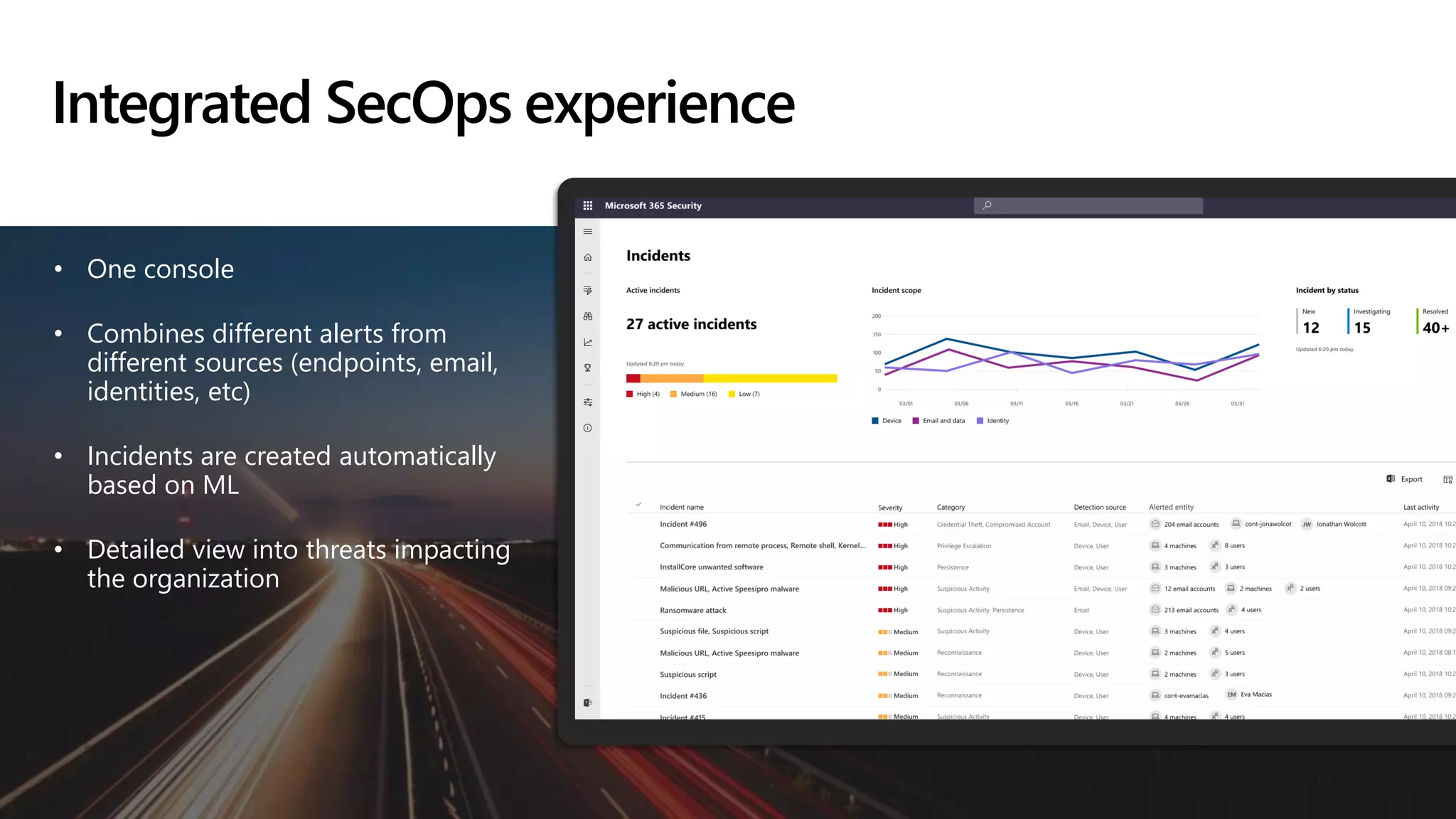 • One console
• Combines different alerts from
different sources (endpoints, email,
identities, etc)
• Incidents are created automatically
based on ML
• Detailed view into threats impacting
the organization
Integrated SecOps experience
 