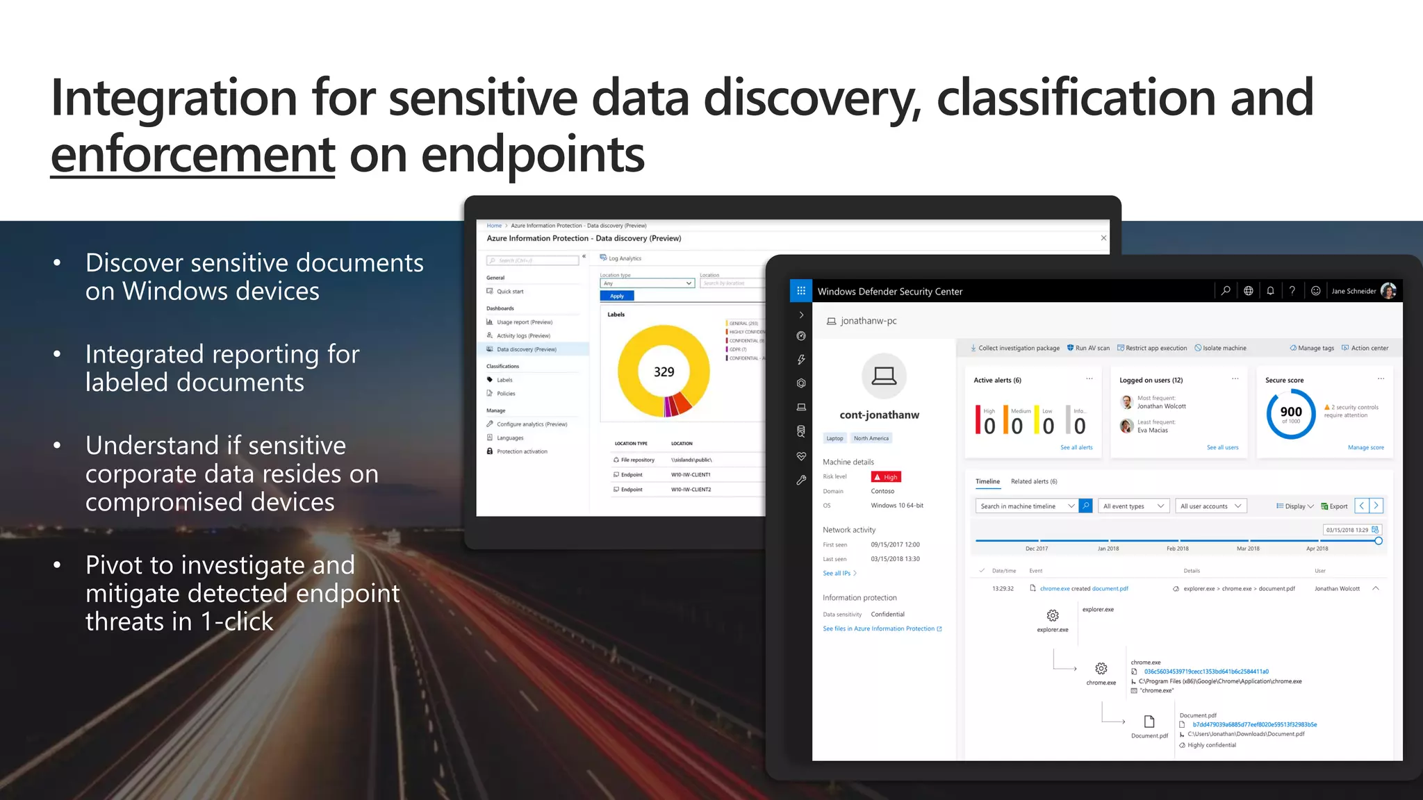• Discover sensitive documents
on Windows devices
• Integrated reporting for
labeled documents
• Understand if sensitive
corporate data resides on
compromised devices
• Pivot to investigate and
mitigate detected endpoint
threats in 1-click
Integration for sensitive data discovery, classification and
enforcement on endpoints
 