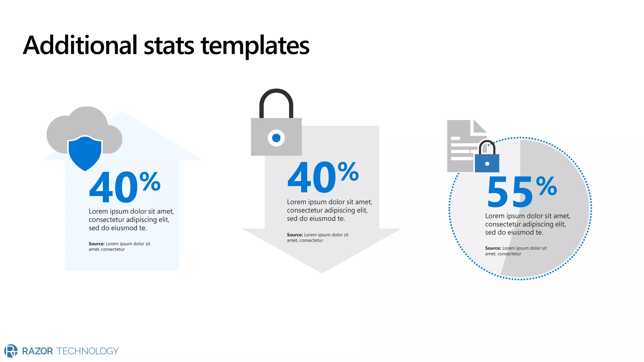 55%
Lorem ipsum dolor sit amet,
consectetur adipiscing elit,
sed do eiusmod te.
Source: Lorem ipsum dolor sit
amet, consectetur
40%
Lorem ipsum dolor sit amet,
consectetur adipiscing elit,
sed do eiusmod te.
Source: Lorem ipsum dolor sit
amet, consectetur
40%
Lorem ipsum dolor sit amet,
consectetur adipiscing elit,
sed do eiusmod te.
Source: Lorem ipsum dolor sit
amet, consectetur
Additional stats templates
 
