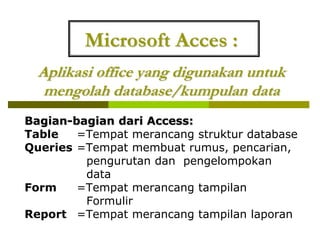 Microsoft Acces :
Aplikasi office yang digunakan untuk
mengolah database/kumpulan data
Bagian-bagian dari Access:
Table =Tempat merancang struktur database
Queries =Tempat membuat rumus, pencarian,
pengurutan dan pengelompokan
data
Form =Tempat merancang tampilan
Formulir
Report =Tempat merancang tampilan laporan
 