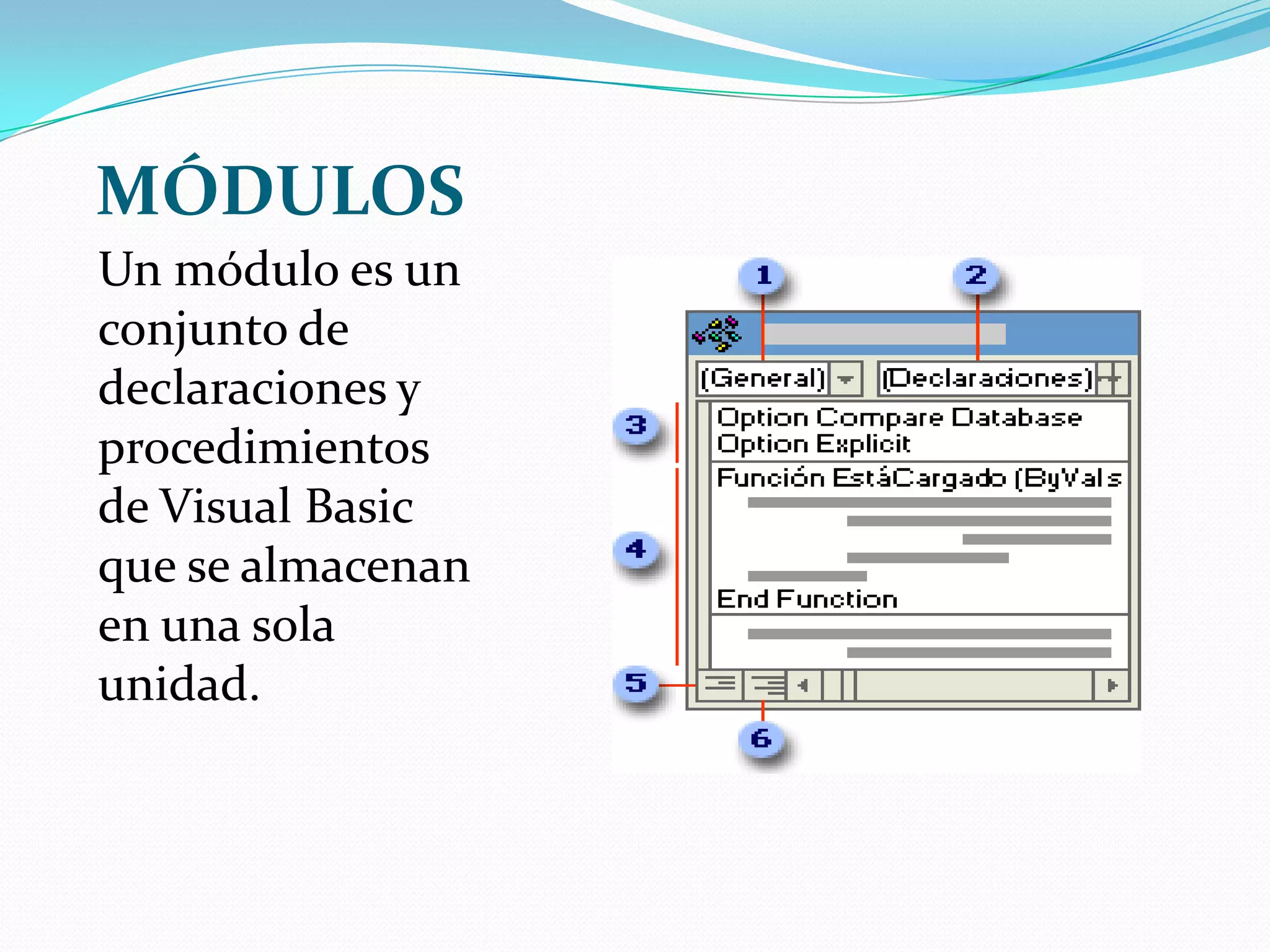 MÓDULOSUn módulo es un conjunto de declaraciones y procedimientos de Visual Basic que se almacenan en una sola unidad.