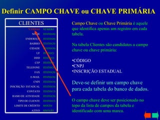Definir CAMPO CHAVE ou CHAVE PRIMÁRIA Campo Chave  ou  Chave Primária  é aquele que identifica apenas um registro em cada tabela. Na tabela Clientes são candidatos a campo chave ou chave primária: CÓDIGO CNPJ INSCRIÇÃO ESTADUAL Deve-se definir um campo chave para cada tabela do banco de dados. O campo chave deve ser posicionado no topo da lista de campos da tabela e identificado com uma marca. CLIENTES SIM/NÃO ATIVO MOEDA LIMITE DE CRÉDITO TEXTO(15) TIPO DE CLIENTE TEXTO(20) RAMO DE ATIVIDADE TEXTO(15) CONTATO TEXTO(18) INSCRIÇÃO  ESTADUAL TEXTO(18) CNPJ TEXTO(30) E-MAIL TEXTO(20) FAX TEXTO(20) TELEFONE TEXTO(9) CEP TEXTO(2) DDD TEXTO(2) UF TEXTO(30) CIDADE TEXTO(20) BAIRRO TEXTO(40) ENDEREÇO TEXTO(40) NOME NÚMERO *CÓDIGO 