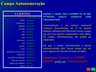 Campo Autonumeração Quando o campo chave escolhido for do tipo NÚMERO, pode-se redefini-lo como Autonumeração. Autonumeração é u m número seqüencial exclusivo (incrementado em 1) ou número aleatório atribuído pelo Microsoft Access sempre que um novo registro é adicionado a uma tabela. Os campos AutoNumeração não podem ser atualizados.  Ou seja, o campo autonumeração é gerado automaticamente pelo Access sempre que um novo registro for inserido no banco de dados. Importante: Somente o CAMPO CHAVE  pode ser  Autonumeração. CLIENTES SIM/NÃO ATIVO MOEDA LIMITE DE CRÉDITO TEXTO(15) TIPO DE CLIENTE TEXTO(20) RAMO DE ATIVIDADE TEXTO(15) CONTATO TEXTO(18) INSCRIÇÃO  ESTADUAL TEXTO(18) CNPJ TEXTO(30) E-MAIL TEXTO(20) FAX TEXTO(20) TELEFONE TEXTO(9) CEP TEXTO(2) DDD TEXTO(2) UF TEXTO(30) CIDADE TEXTO(20) BAIRRO TEXTO(40) ENDEREÇO TEXTO(40) NOME AUTONUMERAÇÃO *CÓDIGO 