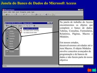 Janela do Banco de Dados do Microsoft Access Na janela de trabalho do Access encontraremos os objetos que compõem o banco de dados: Tabelas, Consultas, Formulários, Relatórios, Páginas, Macros e Módulos.  Em nossos estudos, desenvolveremos atividades até o item Macros. O objeto Módulos envolve conceitos avançados de programação e de bancos de dados e não fazem parte do nosso objetivo 