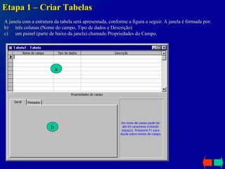Etapa 1 – Criar Tabelas A janela com a estrutura da tabela será apresentada, conforme a figura a seguir. A janela é formada por: três colunas (Nome do campo, Tipo de dados e Descrição) um painel (parte de baixo da janela) chamado Propriedades do Campo.  a b 