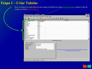 Etapa 1 – Criar Tabelas Deve-se digitar em cada linha um dos campos da tabela na coluna  Nome do Campo ,  indicar o tipo do campo na coluna  Tipo de Dados . 