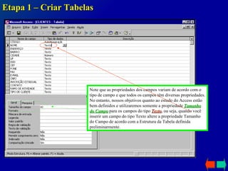 Etapa 1 – Criar Tabelas Note que as propriedades dos campos variam de acordo com o tipo de campo e que todos os campos têm diversas propriedades. No entanto, nossos objetivos quanto ao estudo do Access estão bem definidos e utilizaremos somente a propriedade  Tamanho do Campo  para os campos do tipo  Texto , ou seja, quando você inserir um campo do tipo Texto altere a propriedade Tamanho do Campo de acordo com a Estrutura da Tabela definida preliminarmente. 