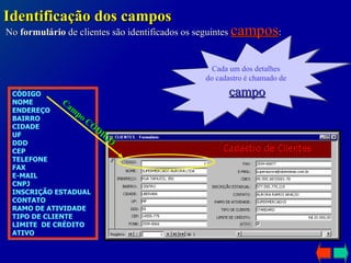 No  formulário  de clientes são identificados os seguintes  campos : Identificação dos campos CÓDIGO NOME ENDEREÇO BAIRRO CIDADE UF DDD CEP TELEFONE FAX E-MAIL CNPJ INSCRIÇÃO ESTADUAL CONTATO RAMO DE ATIVIDADE TIPO DE CLIENTE LIMITE  DE CRÉDITO ATIVO Campo CÓDIGO Cada um dos detalhes  do cadastro é chamado de  campo 