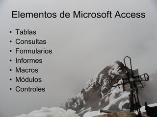 Elementos de Microsoft Access Tablas  Consultas Formularios Informes Macros Módulos Controles 