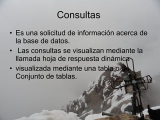 Consultas  Es una solicitud de información acerca de la base de datos. Las consultas se visualizan mediante la llamada hoja de respuesta dinámica visualizada mediante una tabla o un Conjunto de tablas.  