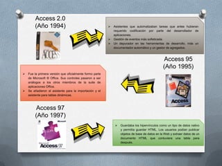 Access 2.0
(Año 1994)






Asistentes que automatizaban tareas que antes hubieran
requerido codificación por parte del desarrollador de
aplicaciones.
Gestión de eventos más sofisticada.
Un depurador en las herramientas de desarrollo, más un
documentador automático y un gestor de agregados.

Access 95
(Año 1995)




Fue la primera versión que oficialmente formo parte
de Microsoft ® Office. Sus controles pasaron a ser
análogos a los otros miembros de la suite de
aplicaciones Office.
Se añadieron el asistente para la importación y el
asistente para tablas dinámicas.

Access 97
(Año 1997)


Guardaba los hipervínculos como un tipo de datos nativo
y permitía guardar HTML. Los usuarios podían publicar
objetos de base de datos en la Web y extraer datos de un
documento HTML que contuviera una tabla para
después.

 