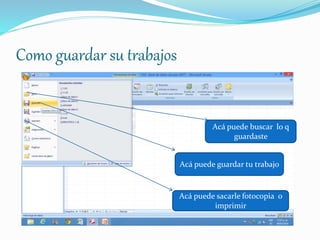 Como guardar su trabajos
Acá puede buscar lo q
guardaste
Acá puede guardar tu trabajo
Acá puede sacarle fotocopia o
imprimir
 