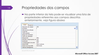 Propriedades dos campos
 Na parte inferior da tela pode-se visualizar uma lista de
propriedades referentes aos campos descritos
anteriormente, veja figura abaixo
Microsoft Office Access 2007
Microsoft Office Access 2007
14
 