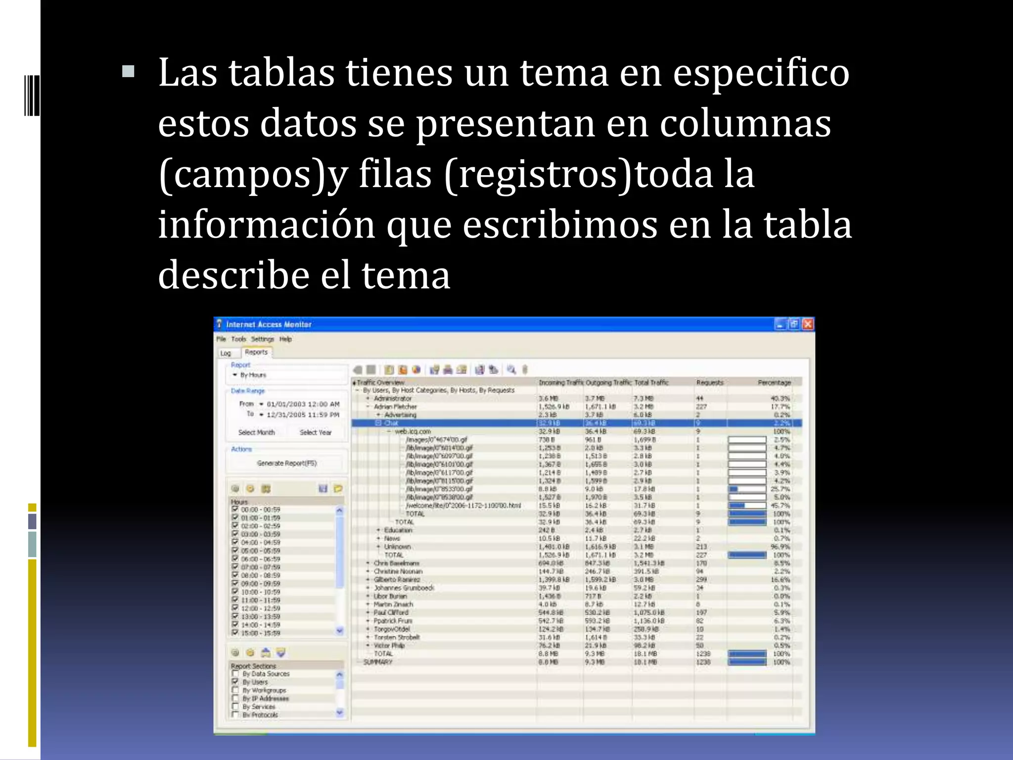  Las tablas tienes un tema en especifico
estos datos se presentan en columnas
(campos)y filas (registros)toda la
información que escribimos en la tabla
describe el tema
 