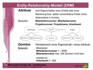Entity-Relationship-Modell (ERM) Attribute sind Eigenschaften einer Entität oder einer Beziehung bzw. später verschiedene Felder eines Datensatzes in Access. Beispiele:  Mitarbeiternummer, Mitarbeitername, Projektnummer, Projektname, Arbeitszeit Domäne   Wertebereich einer Eigenschaft / eines Attributs Beispiele:   Mitarbeiter: Mitarbeiternummer  1 – 9999 Mitarbeitername  max. 256 Zeichen /nicht leer arbeitet an: Arbeitszeit  0 - 999 